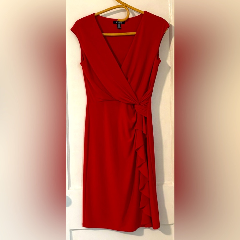 CHAPS Sexy Red V-Neck Semi Cap Sleeve
Stretch Faux Wrap Dress S